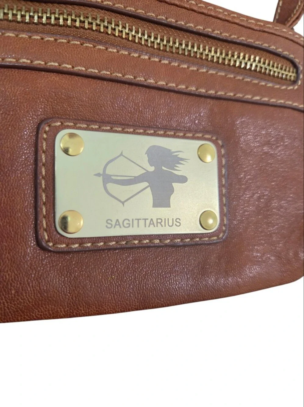 Melie Bianco Sagittarius Zodiac Brown Vegan Leather Wristlet Clutch Gold Plaque